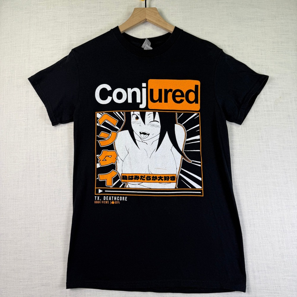 CONJURED Animed Manga Deathcore Shirt Tee Small Mens Black Orange Band Merch Tee